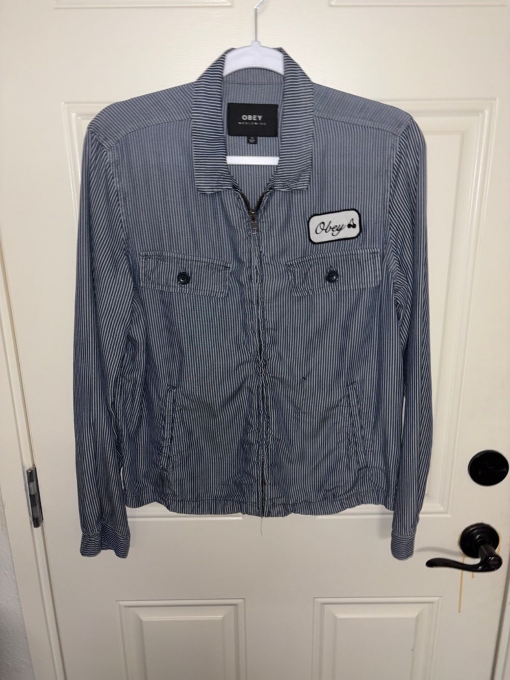 Obey Blue & White Pinstripe Utility Jacket with Patch